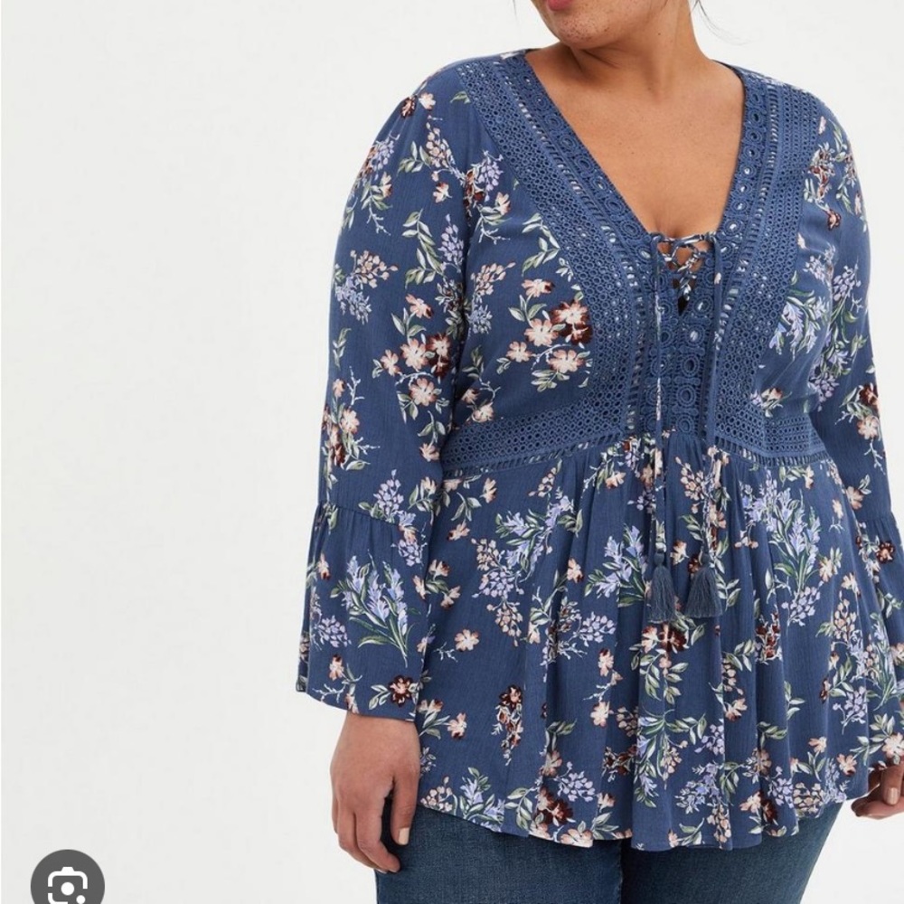 Torrid Blue Floral Gauze Lace Up Babydoll Long Sleeve Blouse